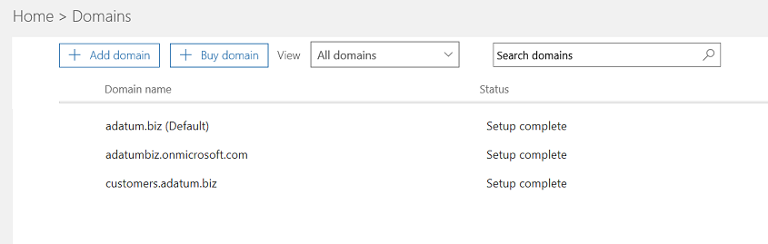 Screenshot showing domains with status of Setup complete.