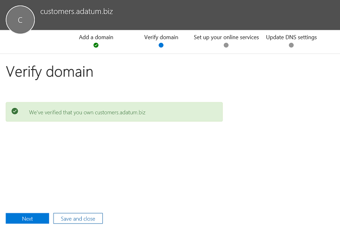 Screenshot showing confirmation of a verified domain name.