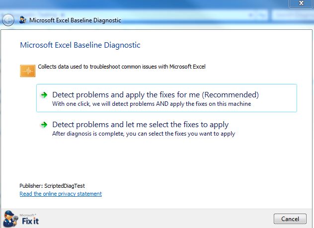 Screenshot of the message when running the Excel Baseline Diagnostic.