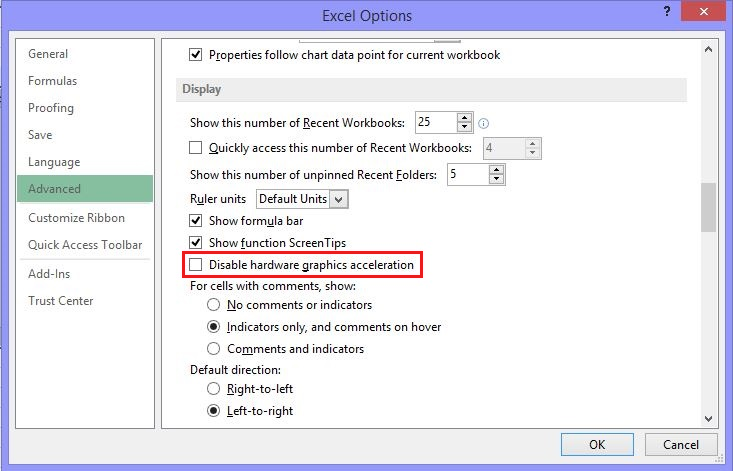 Select the Disable hardware graphics acceleration option to disable hardware acceleration in Office Options setting.