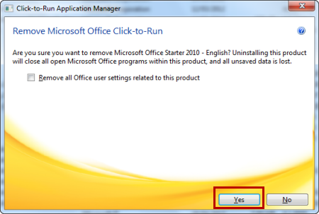 Screenshot to select the Yes option in the Click-to-Run Application Manager window.