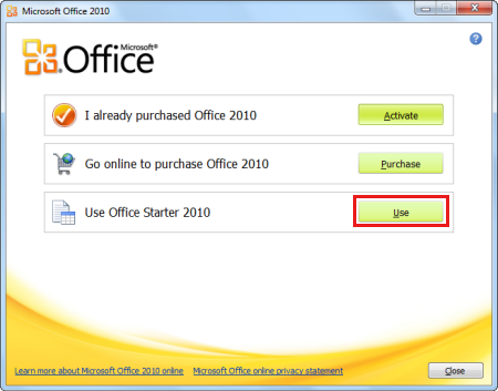 Screenshot to select the Use option in Microsoft Office 2010.