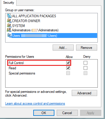 Screenshot shows steps to give the Users Full Control permission.