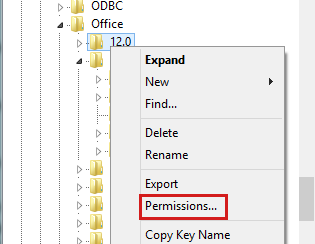 Screenshot to select Permissions in Registry Editor.