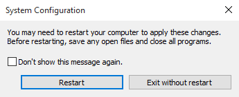 Screenshot to select the Restart option in the System Configuration window.