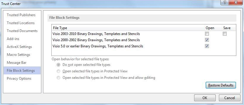Screenshot shows the default settings for the File Block Settings dialog box in Visio 2013.