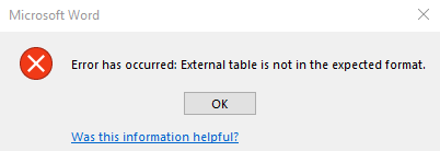 Screenshot of the error message, showing the external table is not in the expected format.