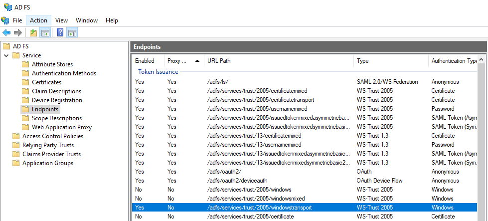 Screenshot shows steps to check the A D F S default service endpoint settings.