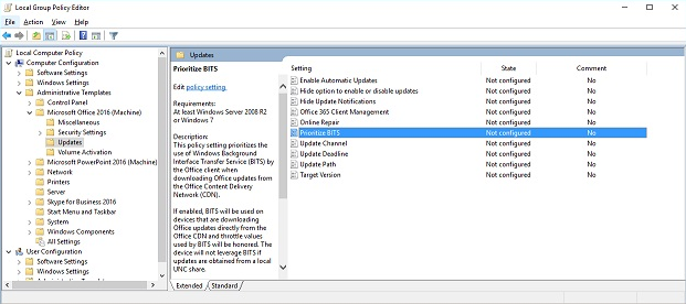 Screenshot to enable the Prioritize BITS item under the Computer Configuration.