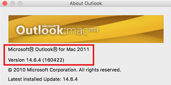 Screenshot for the About Outlook window for Outlook for Mac 2011.