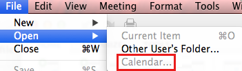 Screenshot that shows the Calendar option being unavailable on the Open tab.