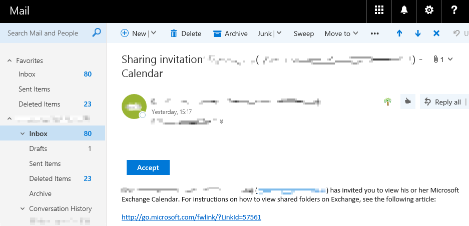 Screenshot of a shared calendar invitation in Outlook Web App.