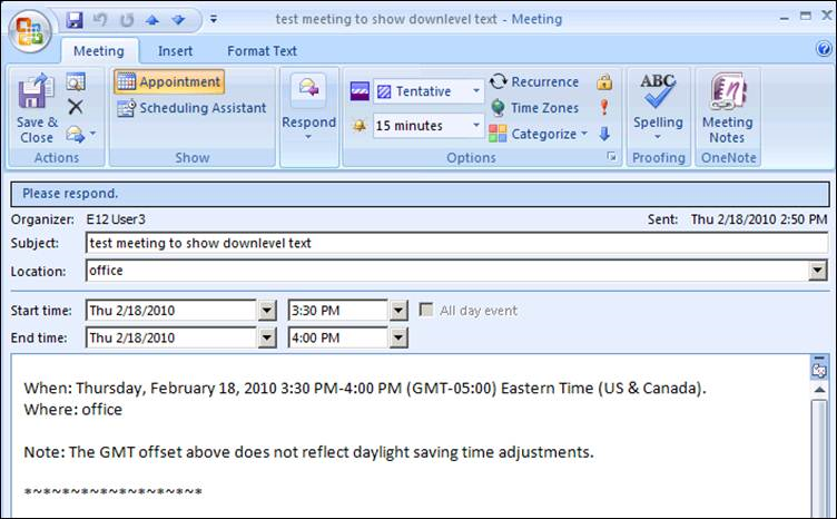 A screenshot showing a meeting request as it is displayed in Outlook 2007.