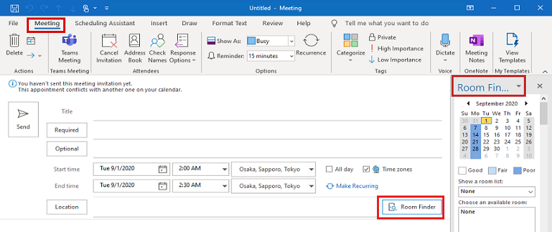 Screenshot that shows the Room Finder feature in the Meeting view in Microsoft 365.