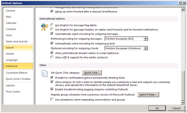 Screenshot of the Advanced tab on Outlook Options.