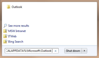 Screenshot of the search result which the Outlook folder is listed at the top of the window.
