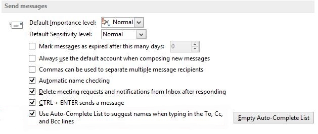 Screenshot of Send messages window, and Use Auto-Complete List to suggest names when typing in the To, Cc, and Bcc lines box is checked.