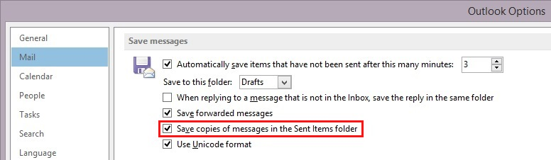 Screenshot shows steps to enable the Save copies of messages in the Sent Items folder option in Outlook 2010 or later versions.