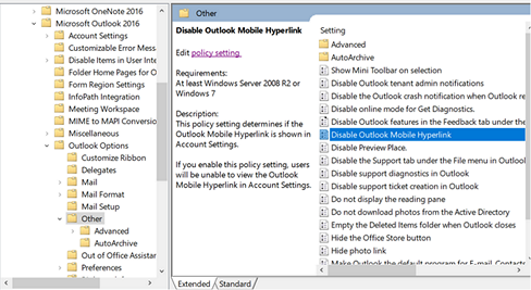 Screenshot of the Disable Outlook Mobile Hyperlink group policy option.