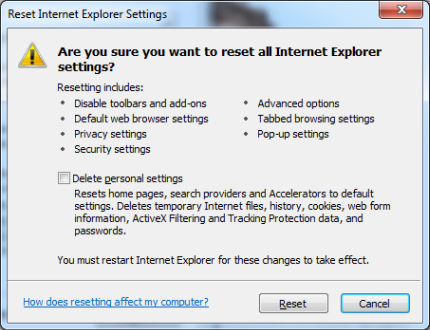 Screenshot of the Delete personal option on the Reset Internet Settings window.
