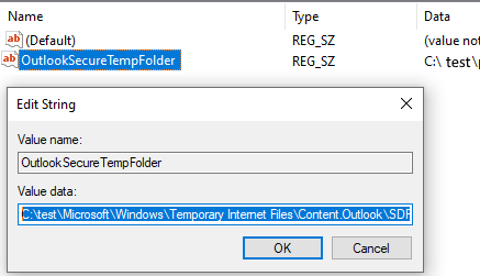 Screenshot of the Edit String window for OutlookSecureTempFolder.