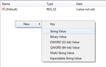 Screenshot of the String Value option of the New menu.