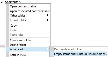 Screenshot of  the Empty items and subfolders from folder option in the right-click menu.