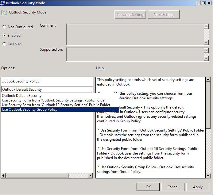 Screenshot for setting Use Outlook Security Group Policy.