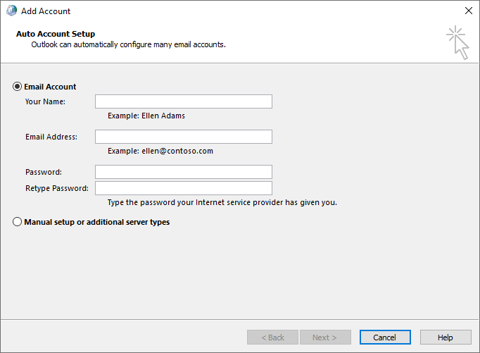Screenshot of the the Add Account dialog box, where you can type your email account information.