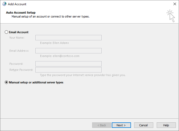 Screenshot of the Add Account dialog box. The Manually configure server settings or additional server types option is selected.
