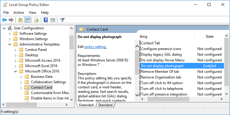 Screenshot of the Contact Card Group Policy settings.