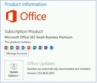 Screenshot of the Product Information page of Office.