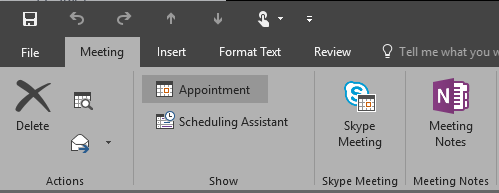 Screenshot of the Meeting ribbon in Outlook.