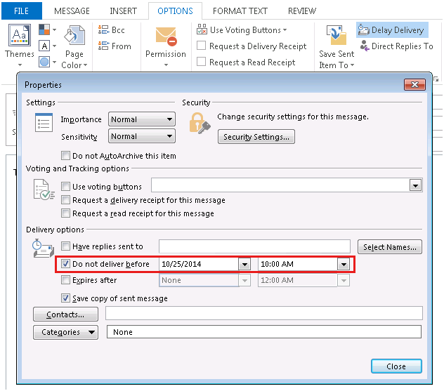 Screenshot of delayed delivery message setting. Click the Options tab and select Delay Delivery. Select the Do not deliver before option on the Properties dialog box, and the desired date and time for future delivery.