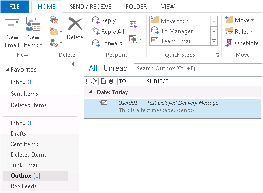 Screenshot shows a message that's set correctly for delivery will appear with an italic subject line and with an outgoing message icon.