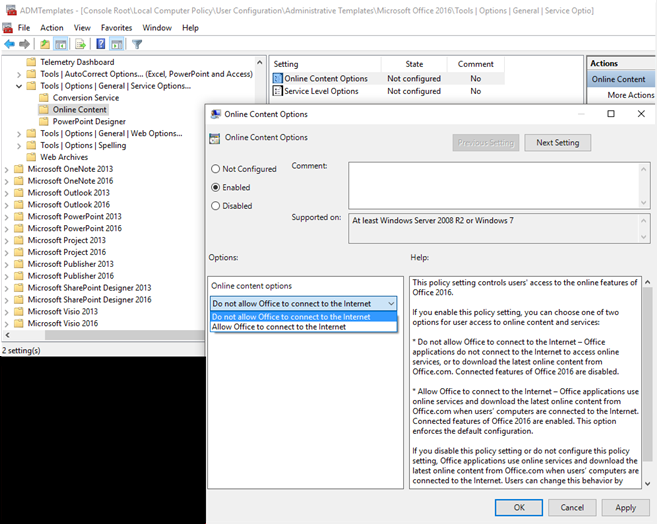 Screenshot of a Group Policy setting Online Content Options.