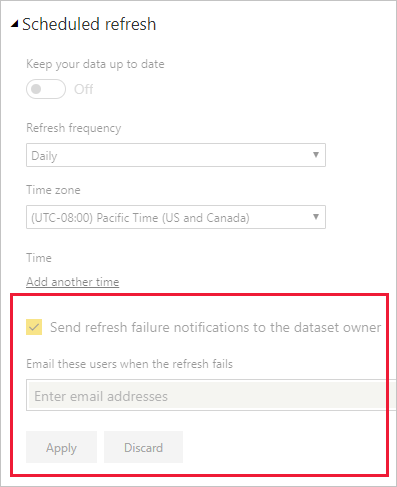 Screenshot of admin area for changing Power BI email refresh notifications.