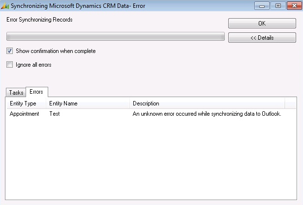 Screenshot of the error during synchronization in the Microsoft Dynamics C R M 2011 Outlook client.