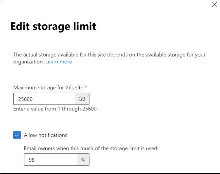 Edit storage limit