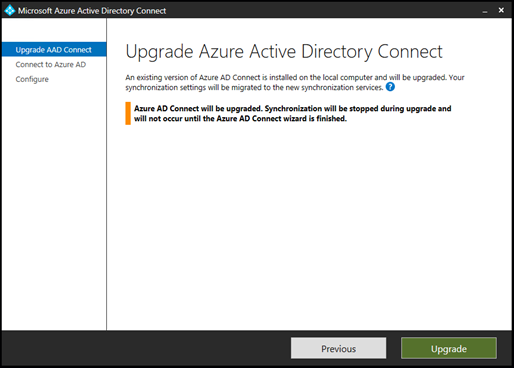 Screenshot of the Azure AD Connect wizard that prompts you to upgrade Azure AD Connect.