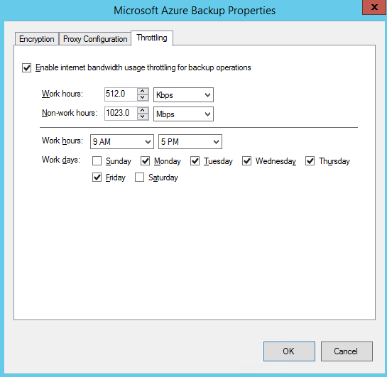 Screenshot of the Throttling tab in the Microsoft Azure Backup Properties window.