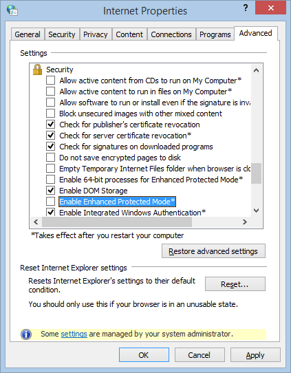 Screenshot shows the highlighted Enable Enhanced Protected Mode check box under Advanced tab in Internet Properties window.