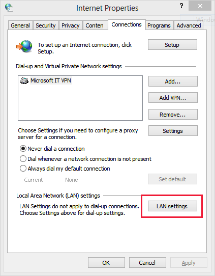 Screenshot of the Connections tab in Internet Properties. LAN settings is highlighted.