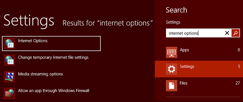 Screenshot shows searching internet options under Settings.