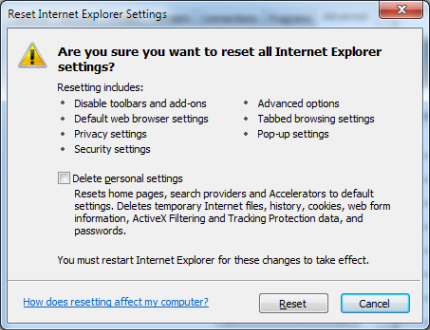Screenshot of Reset Internet Explorer Settings window.