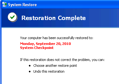 Screenshot of the Restoration Complete page.