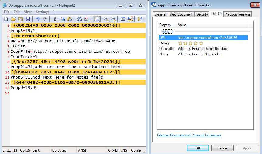 Screenshot of the modified file and the Properties window with Description, Notes and Rating under the Details tab.
