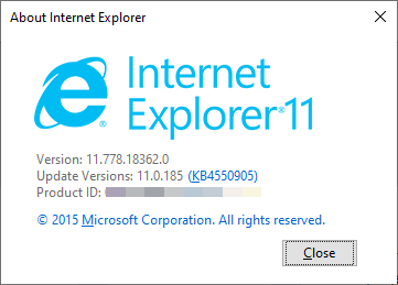 Screenshot of the About Internet Explorer page for Internet Explorer 11.