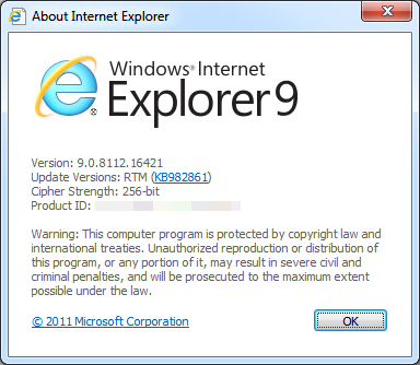 Screenshot of the About Internet Explorer page for Internet Explorer 9.