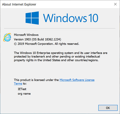 Screenshot of the About Internet Explorer page in Windows 10 version 1903.